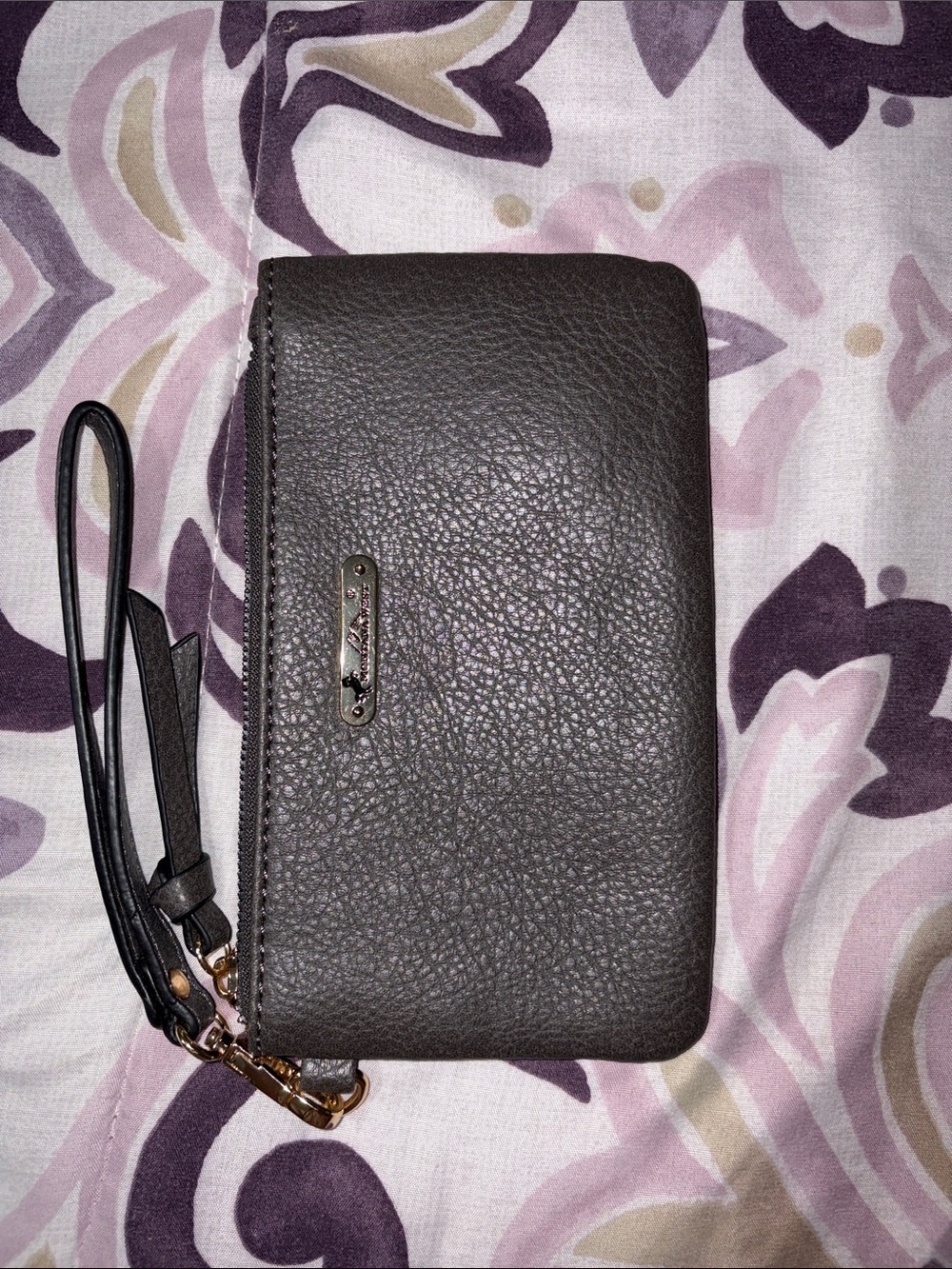 Pebbled Leather Wristlet Clutch with Gold Accent
